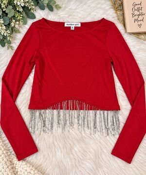 Madden Girl Medium Red Rhinestone Fringe Long Sleeve Crop Top Y2K Party Going Ou
